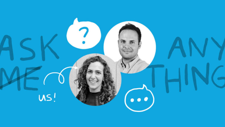 photo of John Sime and Simone Fried on a blue background with question icons