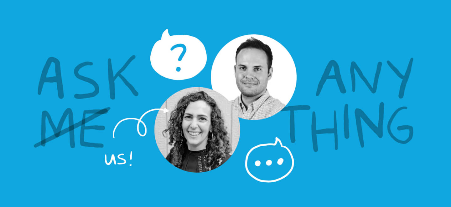 photo of John Sime and Simone Fried on a blue background with question icons