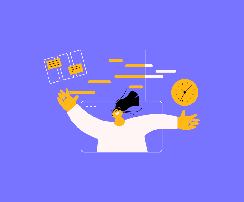 project manager with schedules and clocks surrounding them