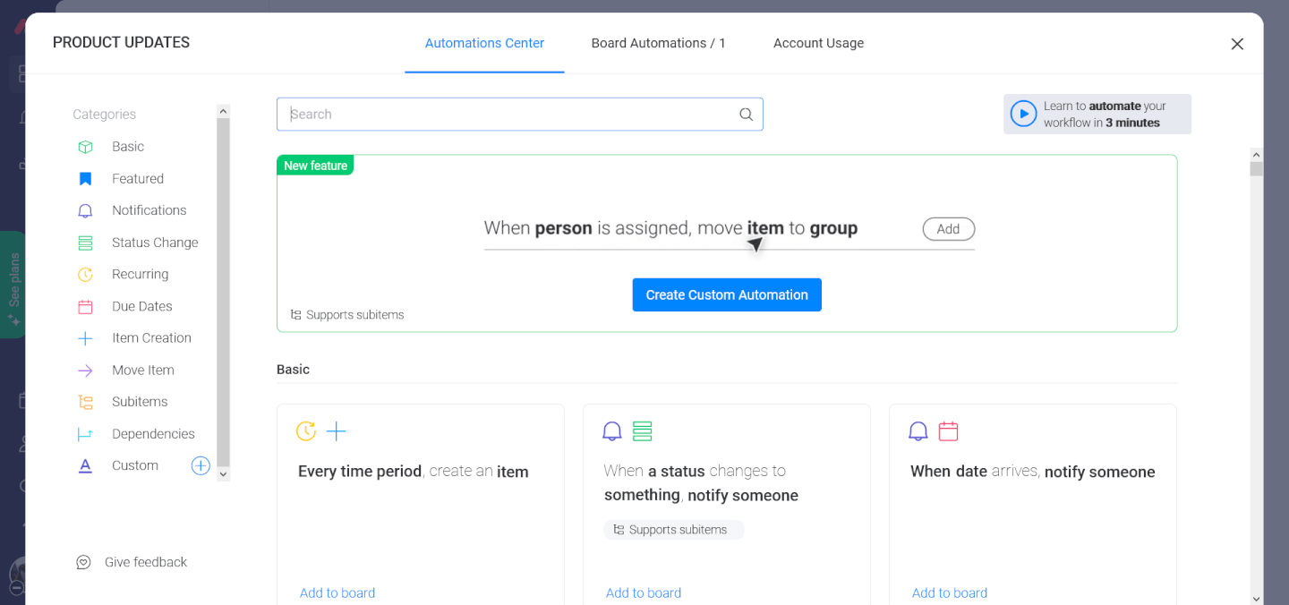 Screenshot of Monday In Depth - Automations Center