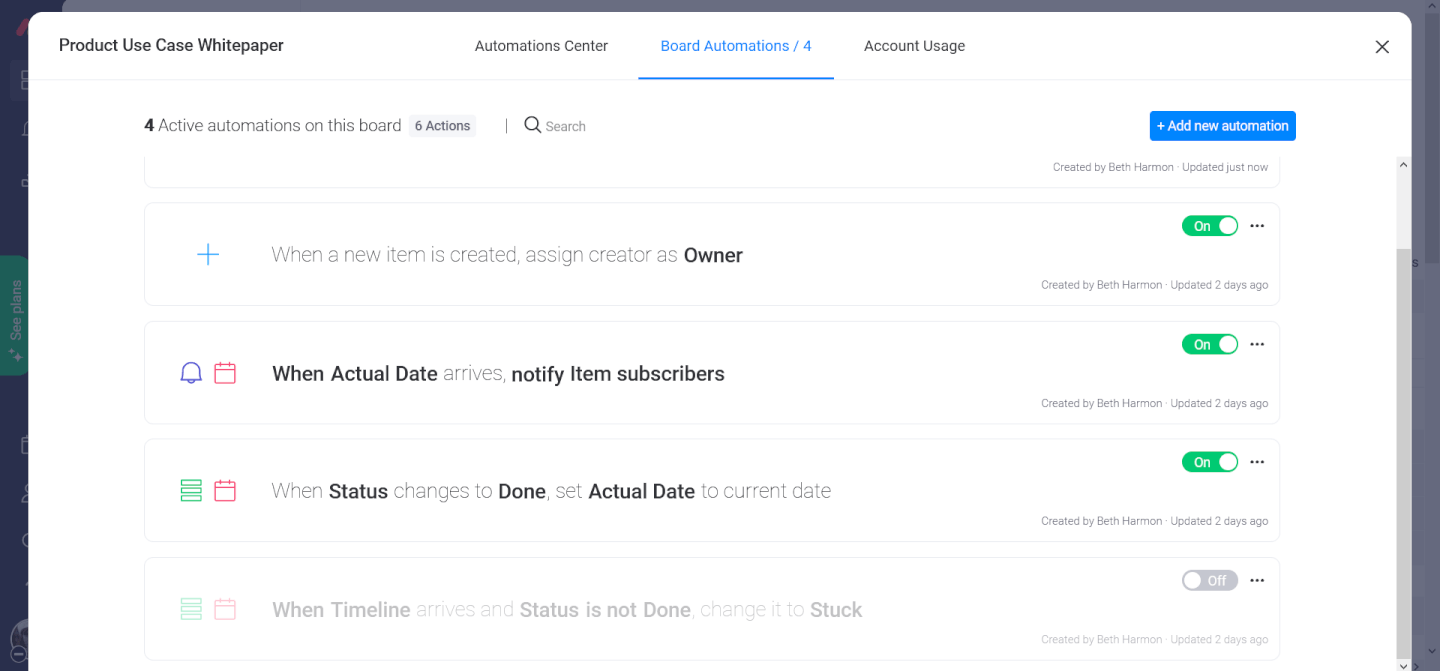 Monday In Depth - screenshot of task automation toggle screen