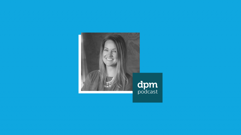 photo of Sally Shaughnessy on a blue background next to the DPM podcast logo