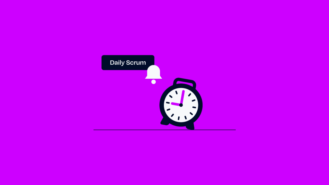 illustration of an alarm clock going off with the text daily scrum next to a notification bell icon