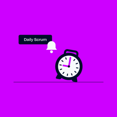 illustration of an alarm clock going off with the text daily scrum next to a notification bell icon