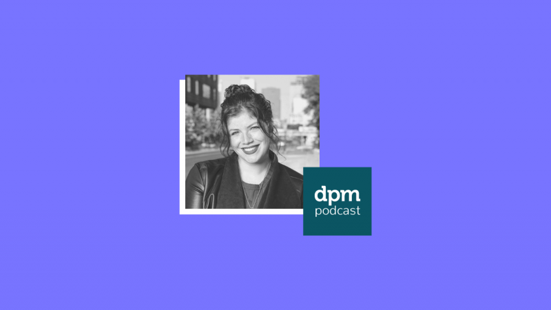 photo of Samantha Schak on a purple background with the DPM podcast logo