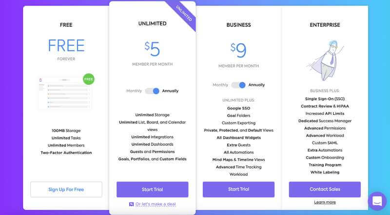 ClickUp Pricing Plan Screenshot