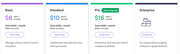 Screenshot of monday.com’s pricing