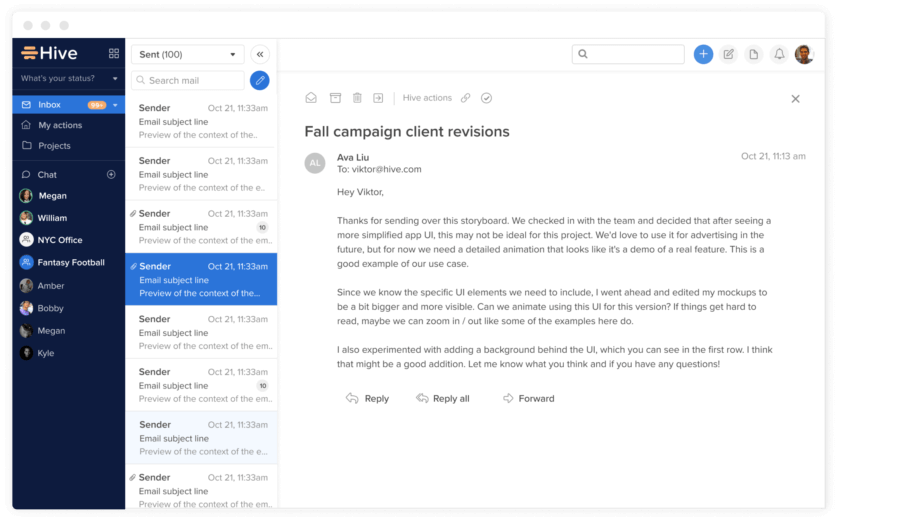 Hive Integrated Email Screenshot