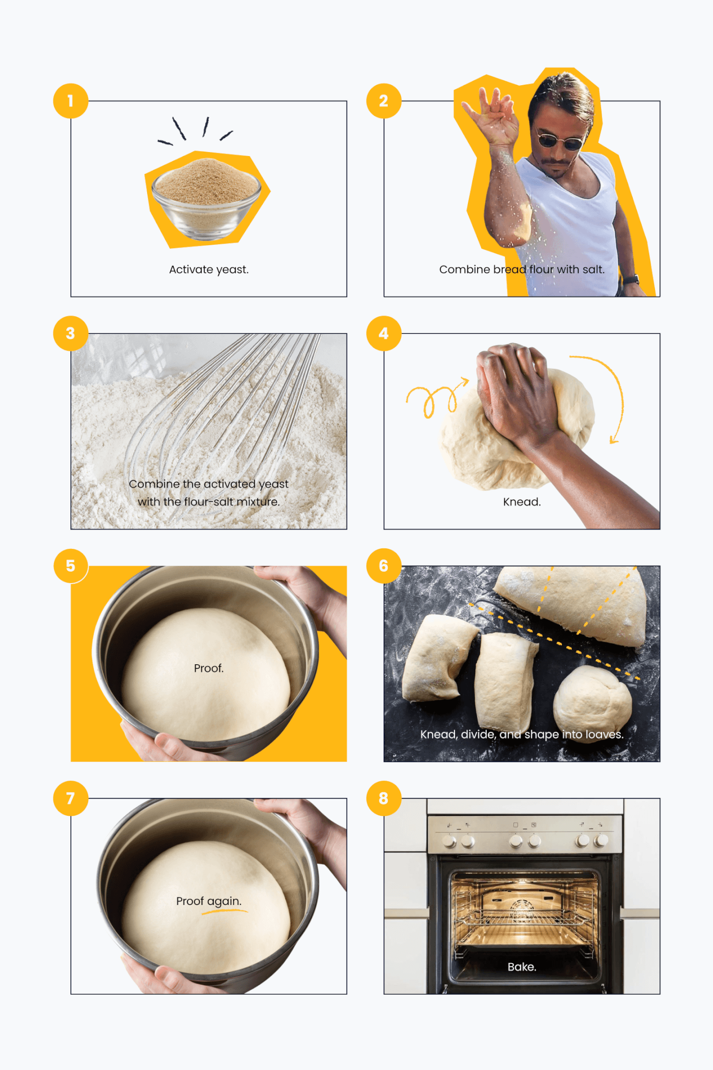 an eight step process for baking bread with images at each stage - activate yeast, combine bread flour with salt, combine yeast with flour and salt, knead, proof, divide and shape into loaves, proof again, and bake