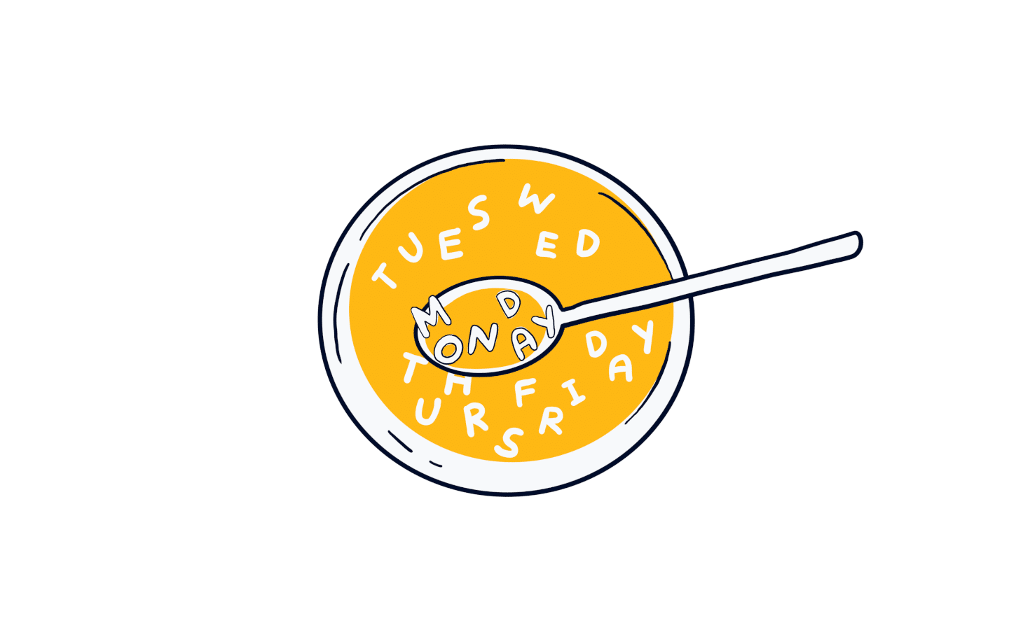 illustration of alphabet soup spelling out the five days of the work week