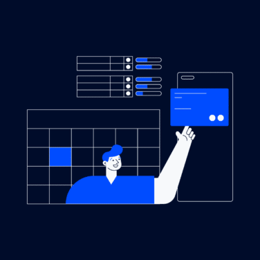 illustration of a project manager next to status bars, charts, and desktop windows