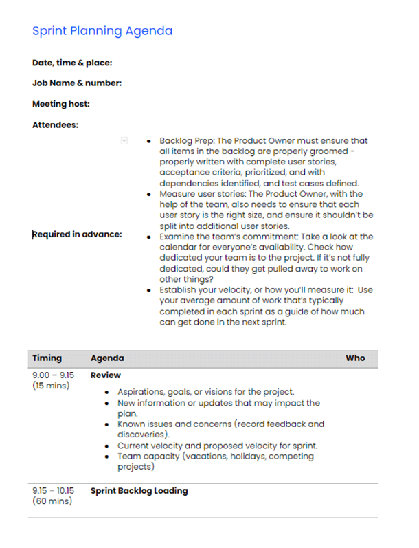 Sprint Planning Template Screenshot