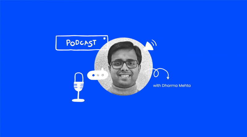 photo of Dharma Mehta on a blue background with microphone and speaker illustrations