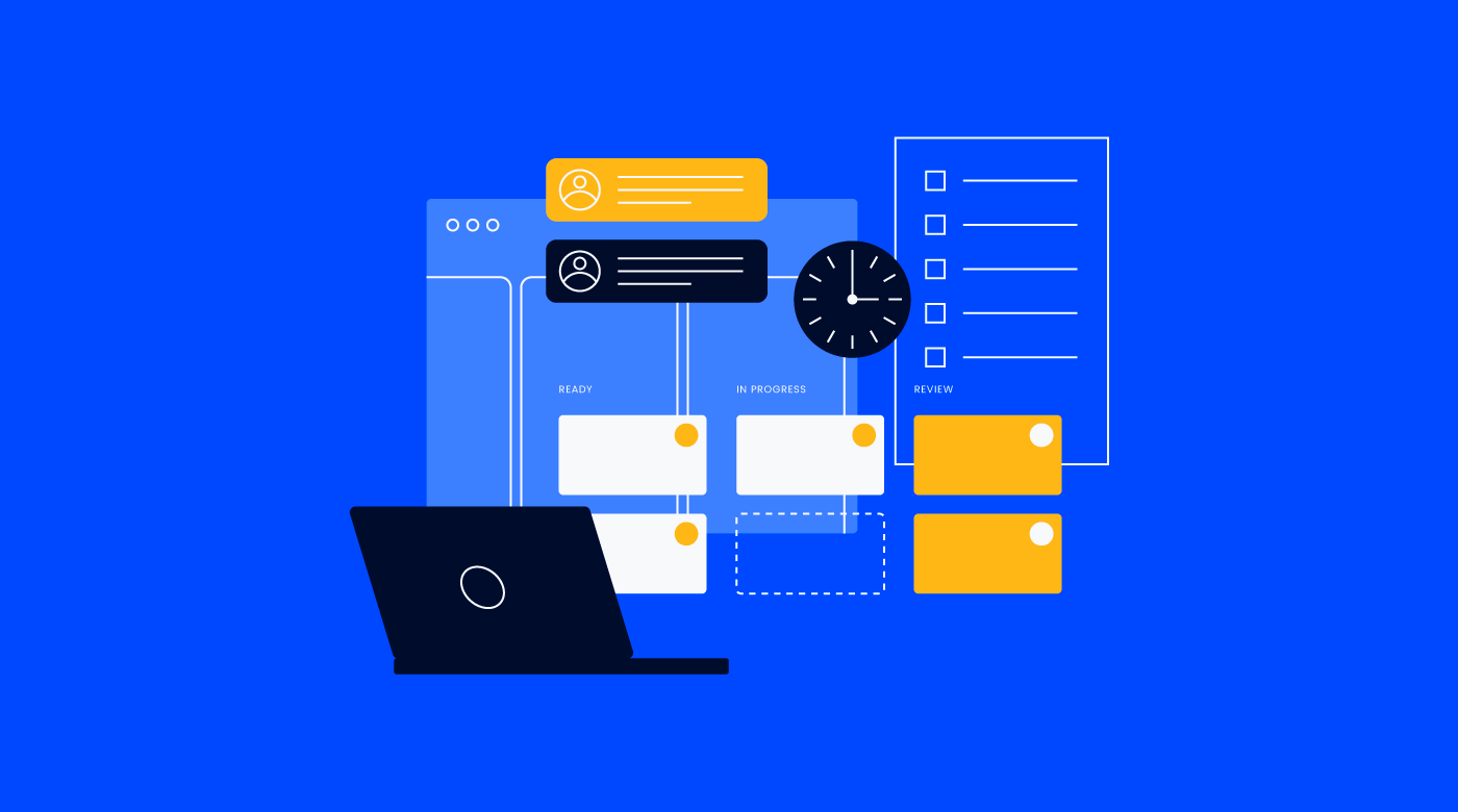 illustration of an open laptop with graphs and charts and kanban boards for common features of project management software