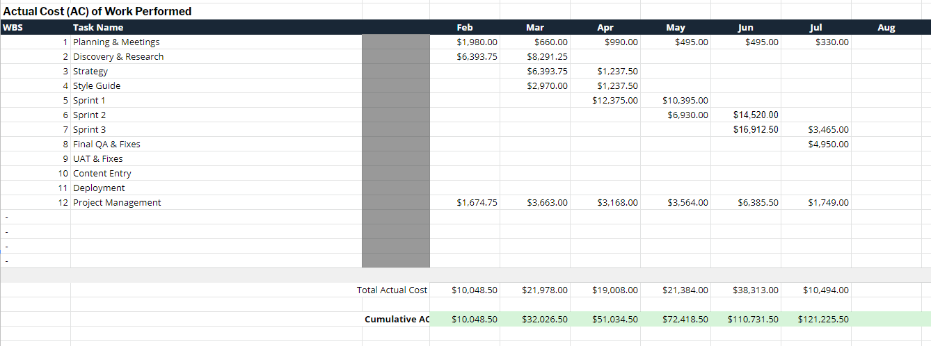 screenshot of a spreadsheet showing actual cost of a project