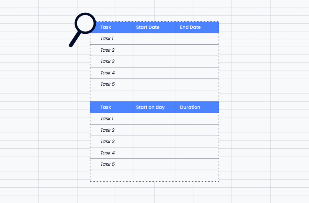 illustration of a task list with start and end dates on a spreadsheet