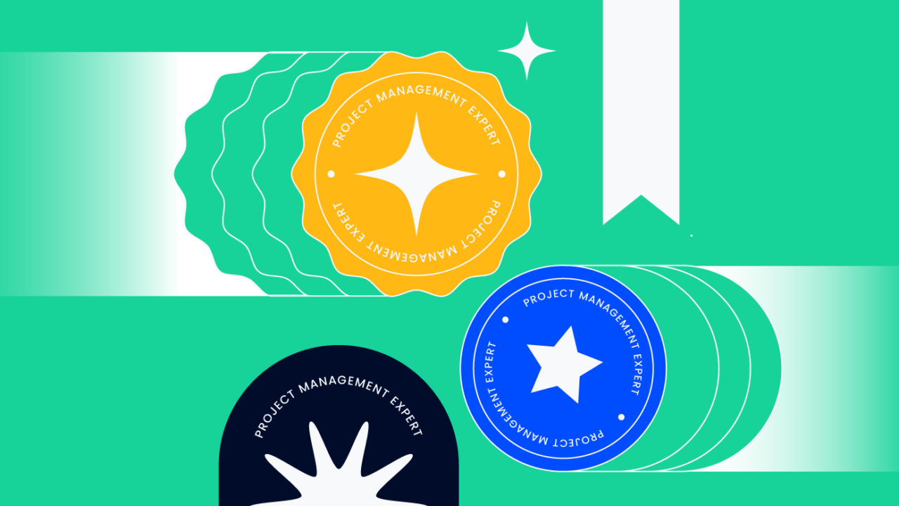 illustration of badges moving across the screen for project management certifications