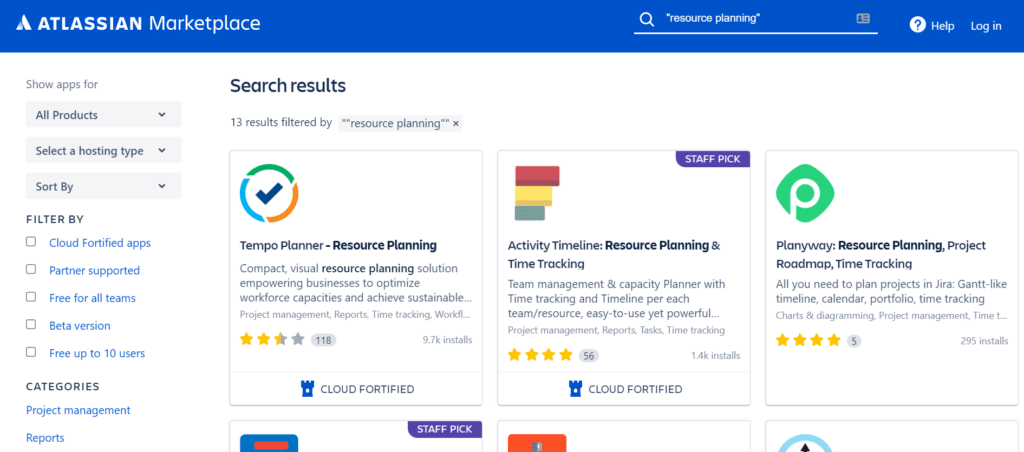 Screenshot of Atlassian Marketplace Resource Planning Applications