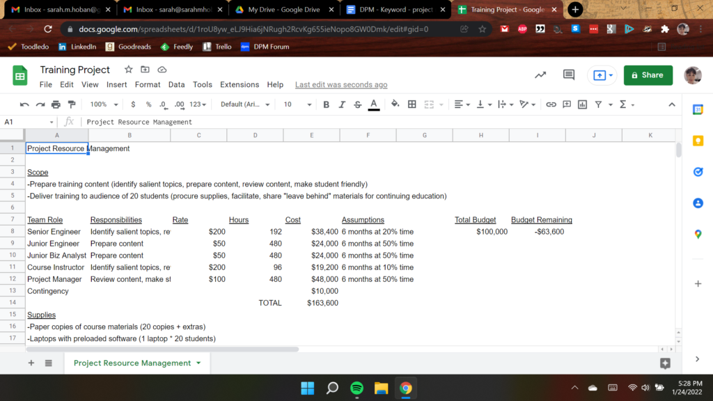 Resource Estimation Hours Costs Spreadsheet Screenshot
