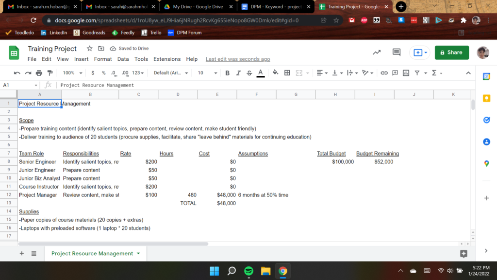 Resource Estimation Spreadsheet Screenshot