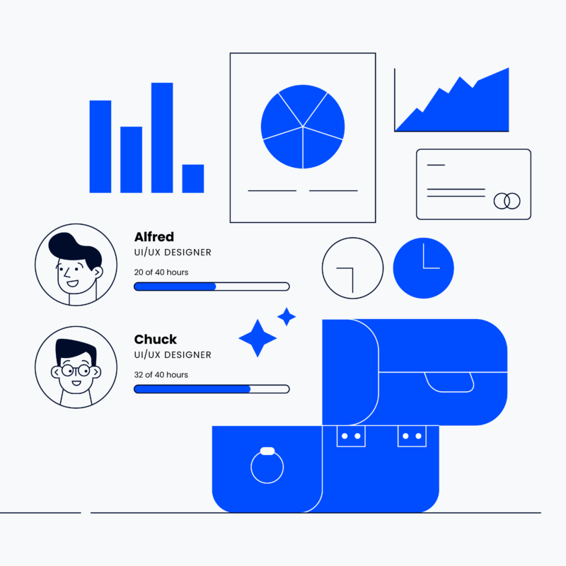 illustrated dashboard with team member capacity and graphs and charts