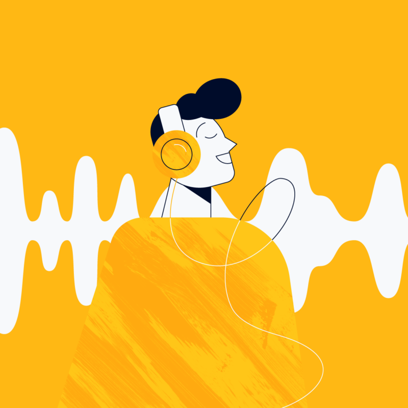 illustration of a project manager listening to project management podcasts with audio waves in the background
