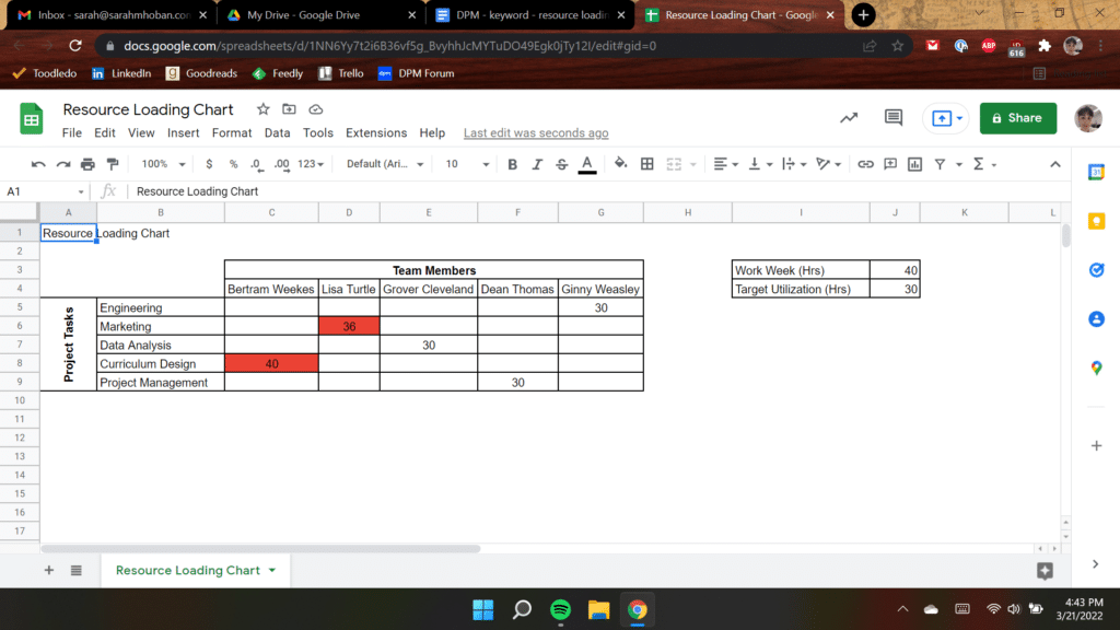 screenshot of a resource loading chart where the actual number of hours is being compared with the target utilization