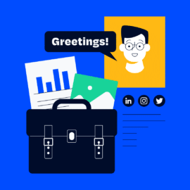 illustration of a a project manager with a briefcase filled with their portfolio