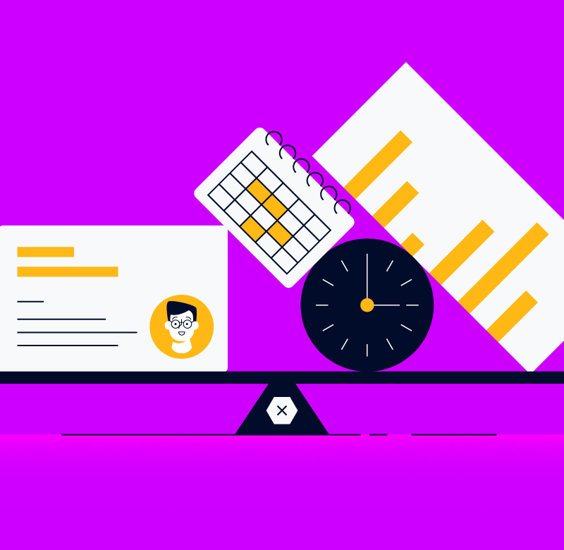illustration of graphs calendars clocks and team members balancing on a scale
