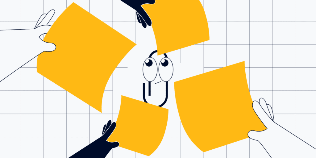 illustration of a paper clip overwhelmed by post-it notes