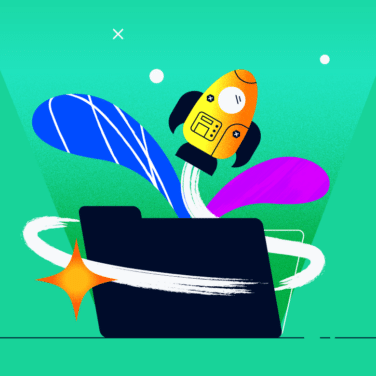 image of a rocket blasting out of a file folder for how to do a project kickoff