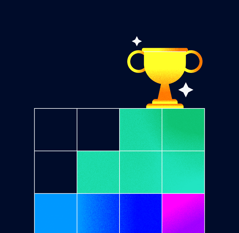 illustration of a table with various cells filled in and a trophy on top for risk registers