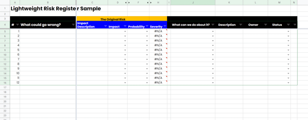 lightweight risk register template screenshot
