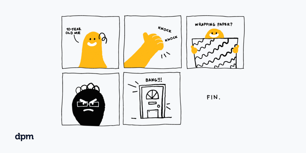 illustrated comic of a person going door to door selling wrapping paper and having the door slammed in their face