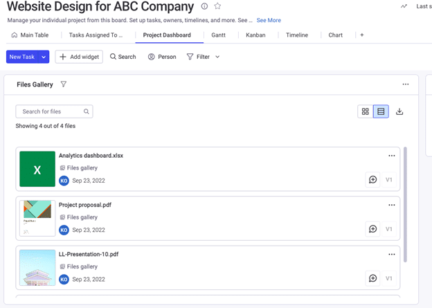 monday.com add files on dashboard view screenshot