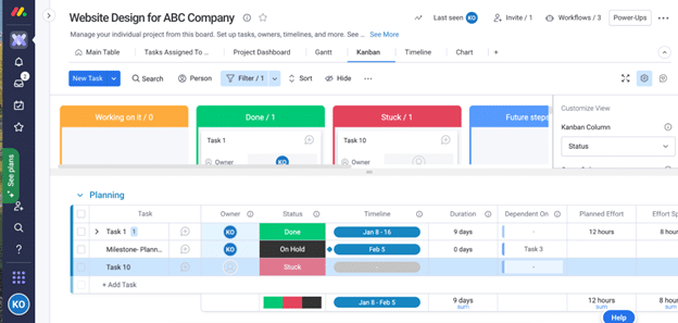 monday.com split kanban board and table view screenshot
