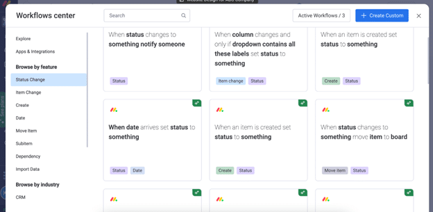 monday.com workflows center screenshot