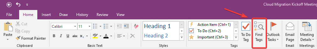 onenote find tags screenshot