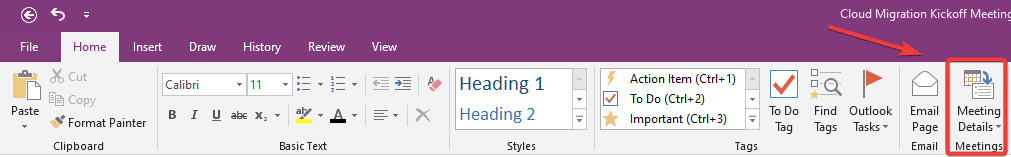 onenote meeting details button screenshot