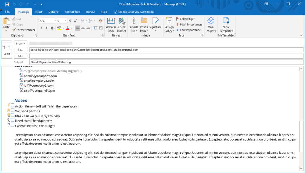 onenote preformatted email screenshot