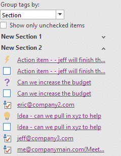 onenote section tag sorting screenshot