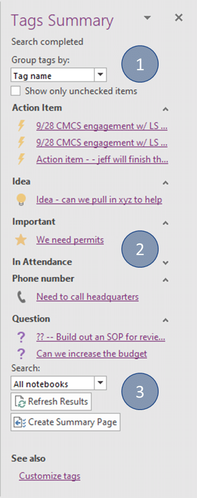 onenote tag navigation screenshot