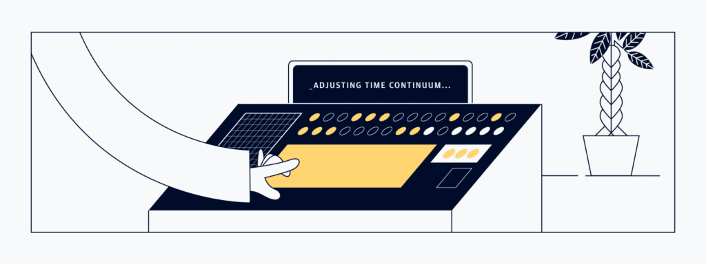 illustration of a project manager adjusting the space-time continuum using a complicated dashboard of controls