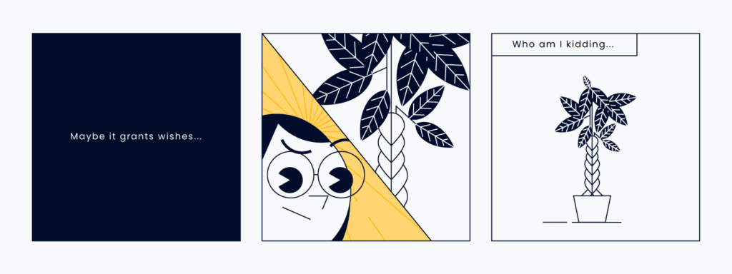 three comic panels showing a project manager investigating whether the same tree from the previous comic also grants wishes