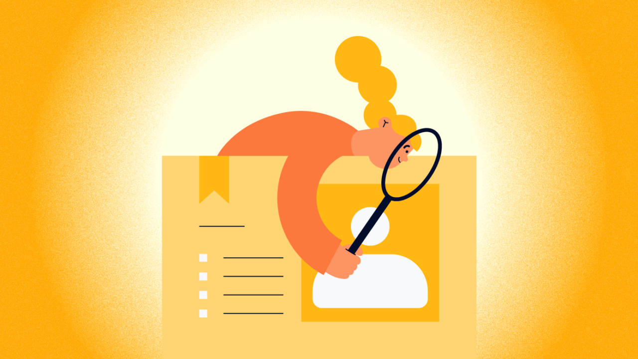 illustration of a project manager holding a magnifying glass up to a job advert