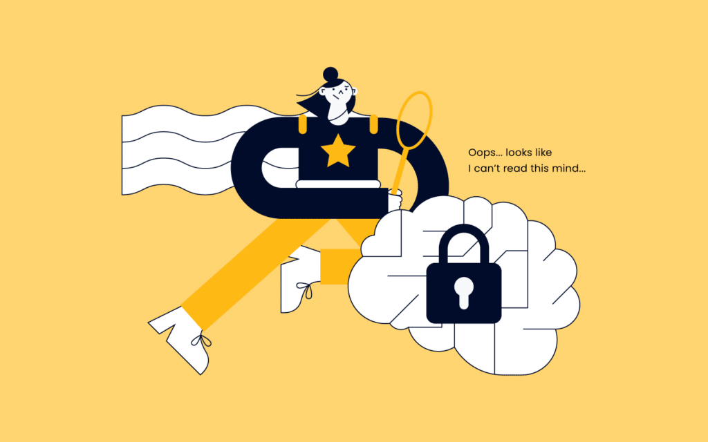 illustration of a project manager wearing a cape and looking at a brain, which has a lock symbol over it