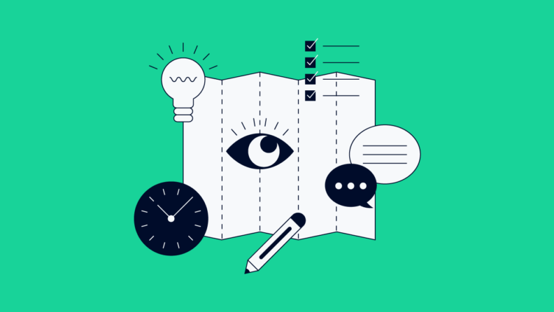 illustration of a map with an eye and other brainstorming related icons for purpose of mind mapping