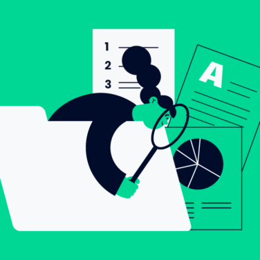 project manager with a magnifying glass looking at charts and documents for sprint review