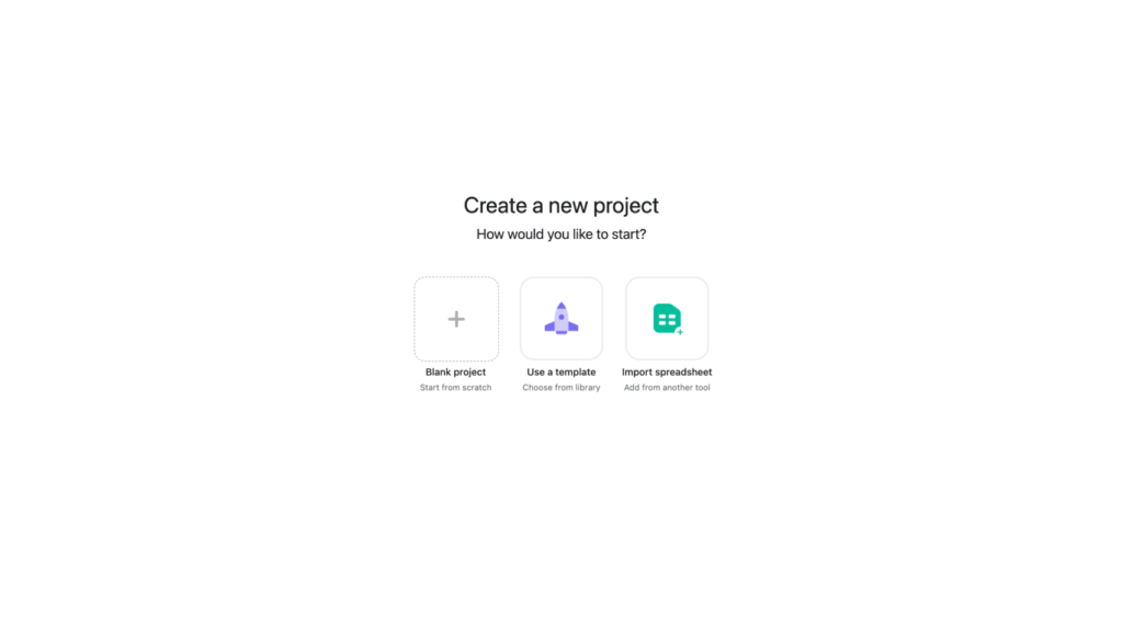 Asana create a project page screenshot