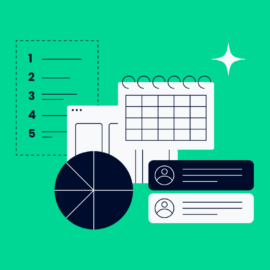 illustration of charts and graphs and team member info on a green background for task management vs project management